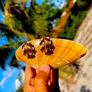 Vintage | Crown Trifari | Red Crystal Rhinestone | Gold Tone | Clip-On Earrings